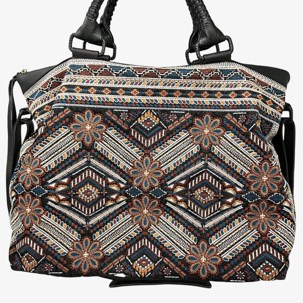 Johnny Was Workshop Molly Jo Tote Weekender Bag Black Floral Embroidery Leather - Picture 5 of 15